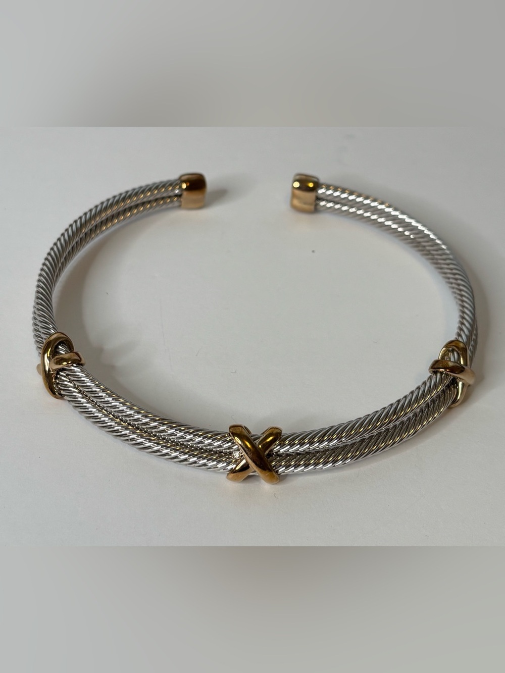 SILVER TONE DOUBLE TWISTED ROPE CHOKER NECKLACE WITH GOLD ACCENTS